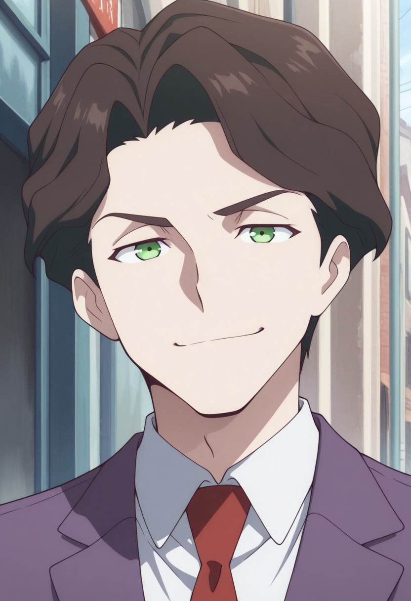 masterpiece,best quality,amazing quality, source_anime, 
AndrewHanbridge, 1boy, male focus, solo, green eyes, brown hair, shirt, white shirt, collared shirt, necktie, red necktie, jacket, purple jacket, portrait, smile,
outdoor,