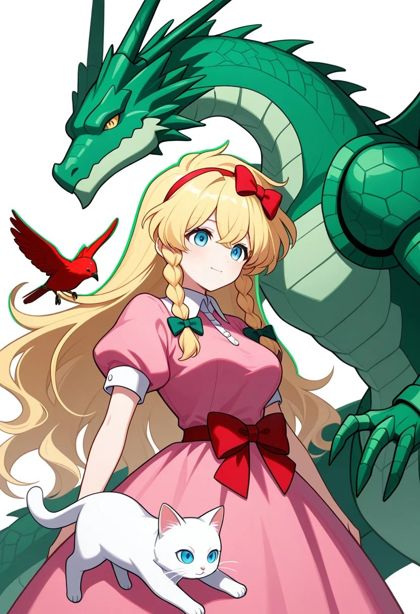 1girl,solo,maria_renard, ,blue_eyes , closed_mouth ,collared_dress , green_outline , hair_bow ,hairband , (pink_dress:1.4) ,puffy_short_sleeves ,puffy_sleeves ,pink_sleeves ,red_bow, red_hairband ,large_breasts ,twin_braids , BREAK surrounded, 4animals,red bird, White cat, Turtle,green Dragon, Stand, ,masterpiece,best quality,newest,absurdres,highres,full_body,simple_background,white_background,element_light