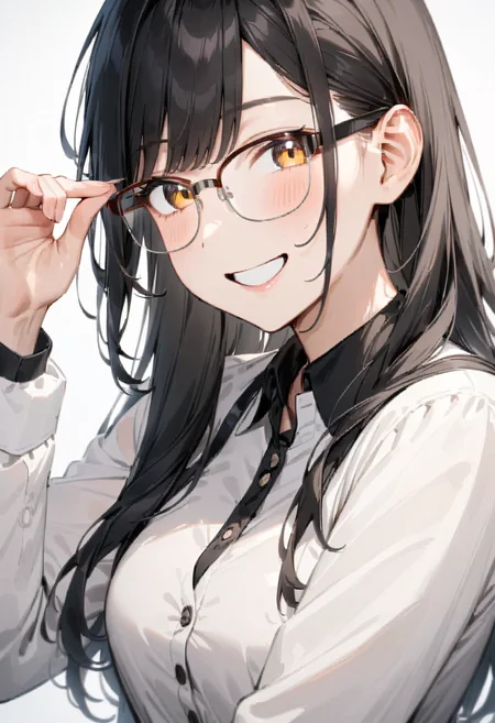 masterpiece, best quality, very aesthetic, absurdres,
1girl, solo, black hair, long hair,
sirmont16A, glasses, 
collared shirt, happy, smile, looking at viewer, adjusting eyewear, white background, simple background,
 <lora:glasses_sirmont2_SDXL_V1:1>