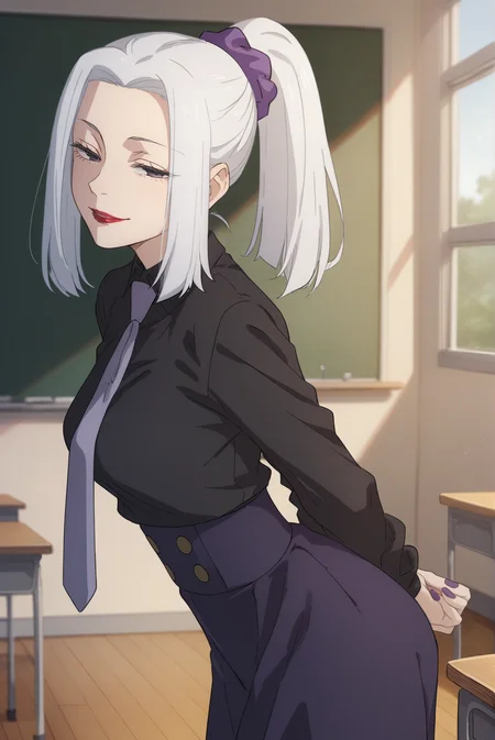score_9, score_8_up, score_7_up, score_6_up, score_5_up, score_4_up, BREAK source_anime, 1girl, solo,
<lora:MeimeiXL-v1-06:0.8>, ChopioMeiMei, white hair, looking at viewer,
medium breasts, purple nails,
medium hair, high ponytail, sidelocks, hair scrunchie, parted bangs, purple eyes, half-closed eyes, red lipstick,
outfit_2, black shirt, shirt tucked in, necktie, purple skirt, high-waist skirt,
school, classroom, standing, seductive smile, leaning forward, [from side | from front], arms behind back, parted lips,