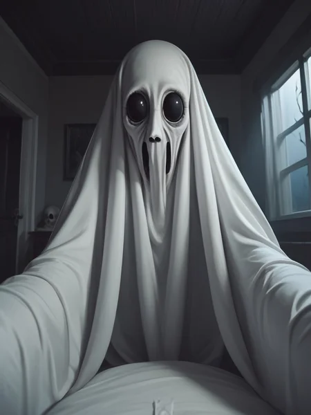score_9, score_8_up, score_7_up,horror, creepy, nightmare, scary, very detailed, white ghost in the background, no mouth, indoors, night, arms, old manor, looking at viewer, black eyes, flying, pov from bed<lora:white_ghost:1>