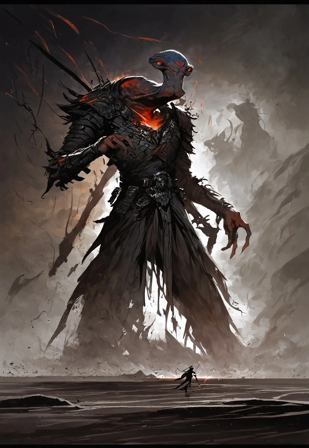 score_9, score_8_up, score_7_up, BREAK,
(an ithorian hammerhead alien), dynamic, moody, darkness, shadows, dark, sinister, pitch black, highly detailed, shining white armor, holding long brilliant glowing light saber, digital painting, artstation, concept art, smooth, sharp focus, illustration, art by Carne Griffiths and Wadim Kashin, dark black colors, good shadows, dim lit, devoid of color, low light, back light, hidden, obscured, black hue in hair, mirrors, prisms, reflection, refraction, prismatic, monolith, obsidian, bright red god rays, sun circle