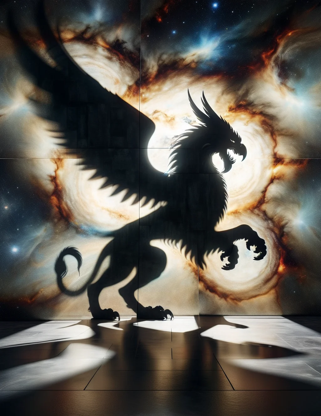 DonM5h4d0w5XL shadow on a cosmic energy panels wall, gryphon, <lora:DonM5h4d0w5XL-000010:1>