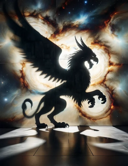 DonM5h4d0w5XL shadow on a cosmic energy panels wall, gryphon, <lora:DonM5h4d0w5XL-000010:1>