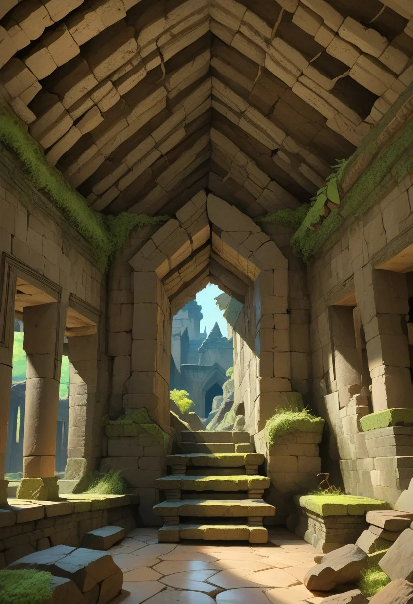 score_8, score_8_up, score_7_up, score_6_up, fantasy, source_painting, traditional media BREAK no humans, Angkol_ruins, ruins, indoors, overgrown, moss, building, doorway, stone stairs, stone wall, dark colors,