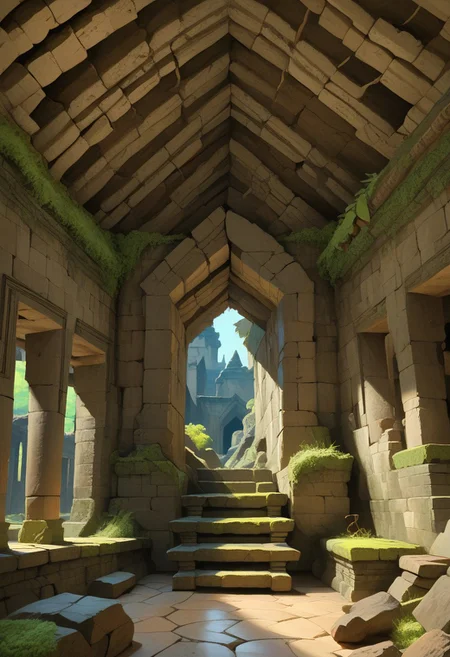 score_8, score_8_up, score_7_up, score_6_up, fantasy, source_painting, traditional media BREAK no humans, Angkol_ruins, ruins, indoors, overgrown, moss, building, doorway, stone stairs, stone wall, dark colors,