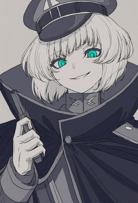 1girl, tachibana kisa, jack jeanne, 
androgynous, black cloak, choppy bangs, cloak, crazy, crazy eyes, crossdressing, diagonal bangs, evil grin, evil smile, gloves, grey background, greyscale, grin, gun, hand up, hat, holding, holding gun, holding weapon, looking at viewer, military hat, monochrome, open mouth, portrait, short hair, smile, teeth, uniform, upper teeth only, weapon, solo, simple background, military uniform, grey theme, military,
.
masterpiece, best quality, very aesthetic, absurdres
 <lora:ç¦è¶forNoob:0.95>