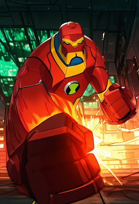 masterpiece, best quality, amazing quality, very aesthetic, absurdres, newest,, detailed background,
movie scene, cinematic scene, cinematic,
bloxx, robot, mecha, solo, armor, green eyes,, massive arms, upper body, , red shoulders, big head, massive head
strechy_powers, incoming punch,