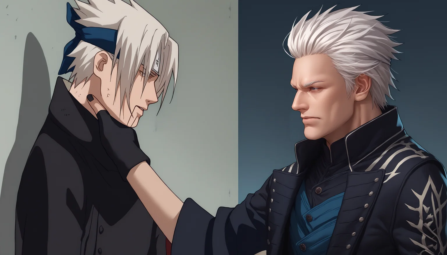 score_9, score_8_up, score_7_up, source_anime, 2boys, <lora:SasukeChokeEditsMeme_XLPD:1>, incrschokememe, <lora:dmc5_vergil_ponyXL:1> dmc5vergil, black coat, fingerless gloves, black hair, white hair,