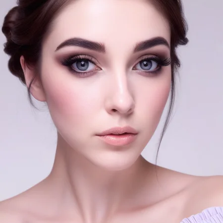 A beautiful young woman with fair, porcelain-like skin and brown hair styled in a soft, elegant low bun with a few loose strands framing her face. She has striking, large grey eyes with long eyelashes, subtle eyeshadow, defined brows, and softly blushed cheeks. Her lips are full with a natural pink gloss. She is wearing a light pastel off-shoulder top, revealing her shoulders and upper chest down to the cleavage. The image is composed from head to cleavage, with flattering, soft lighting. Set against a clean white background. Hyper-realistic, high detail, studio portrait, front-facing, centered composition.