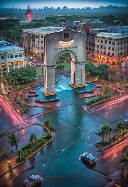 Imagine a breathtaking scene where a cascade of water bursts forth from the iconic San Juan Triumphal Arch, cascading down into a pool below. In this cyberpunk cityscape, the arch serves not only as a symbol of history but also as a marvel of technological ingenuity.
The water flowing from the arch is illuminated by neon lights, creating a mesmerizing display of colors against the dark backdrop of the city skyline. Holographic images dance in the mist created by the cascading water, adding to the surreal atmosphere of the scene.
Surrounding the arch are futuristic skyscrapers, their sleek surfaces reflecting the neon glow of the city. Flying cars zip past overhead, their engines humming softly as they navigate the bustling streets below. In the distance, the sound of robotic footsteps echoes through the air, a constant reminder of the city's ceaseless activity.
Despite the chaos of the city, the cascade from the San Juan Triumphal Arch brings a sense of tranquility to the scene, offering a moment of respite from the relentless pace of urban life. It is a reminder of the beauty and power of nature, even in the midst of a technologically advanced world.
