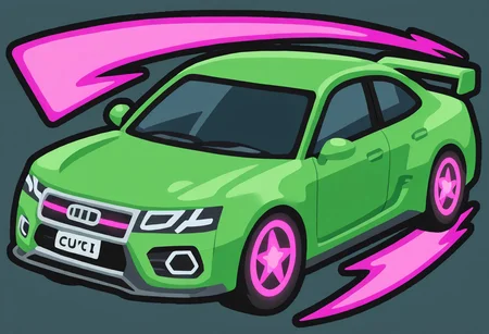 green sports car, stylized Audi, speeding through a futuristic cyberpunk city, wide angle, motion blur, night scene with glowing neon lights and holograms, overexaggerated anime perspective, clean vector style, sharp lines, high contrast colors, game icon aesthetic, 2D stylized illustration, outlined shapes, minimal shading, mid-action pose, dynamic composition, inspired by arcade racing games, CAT - Citron Anime Treasure CAT IL v9, vector, game icon, icons, black outline, detailed