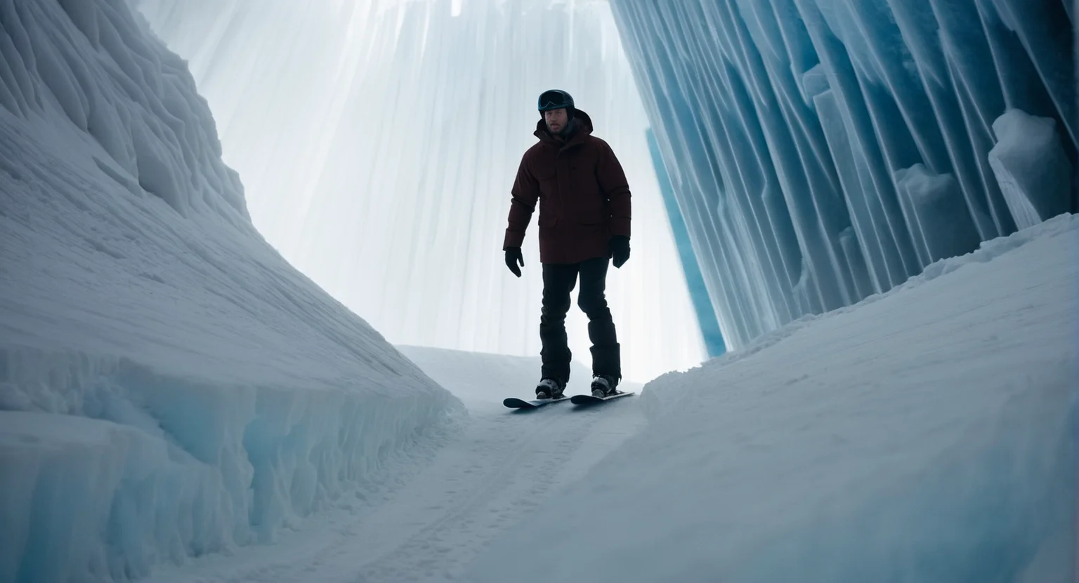 cinematic film still of <lora:Fortress of Solitude:1>
Fortress of Solitude a man riding a snowboard down a snow covered slope inside Fortress of Solitude, shallow depth of field, vignette, highly detailed, high budget, bokeh, cinemascope, moody, epic, gorgeous, film grain, grainy