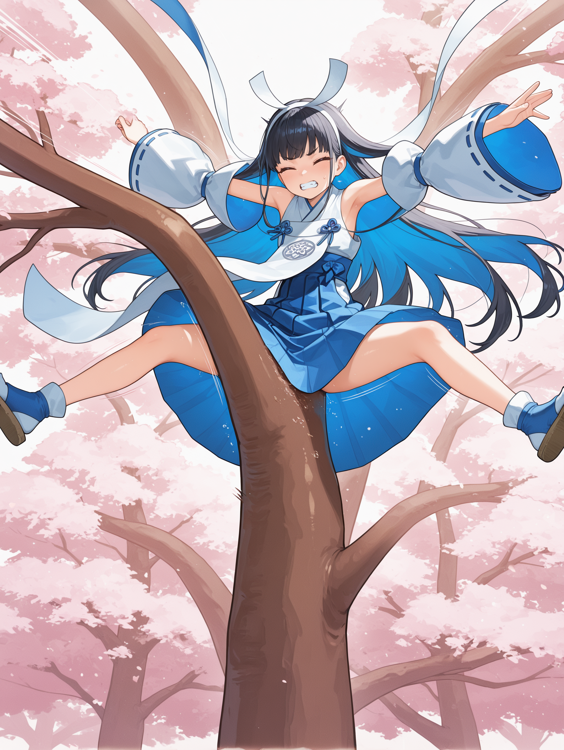 shinonome the vaylantz priestess,1girl,solo,colored inner hair,white hairband,white ribbon-trimmed sleeves,white sleeveless kimono,blue hakama skirt,white tabi,blue sandals,white breast curtain,east asian architecture,cherry blossoms,tom-riding-tree,separated tree,big teeth,riding tree,clenched teeth,drop,speed lines,spread legs,outstretched arms,closed eyes,
masterpiece,best quality,amazing quality,very aesthetic,absurdres,newest,scenery,extreme detail,8k,light particles,soft lighting,volumetric lighting,intricate details,finely detailed,detailed eyes,<lora:Shinonome the Vaylantz Priestess illusXL v1.1:0.75>,<lora:tom-riding-treeV2:0.8>
