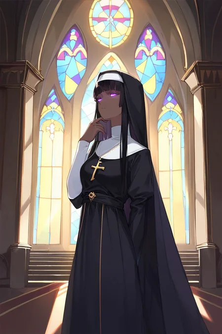 score_9, score_8_up, score_7_up, masterpiece, high quality, cowboy shot,1girl, black hair, long hair, hime cut, hair intakes, parted bangs, long fringe, black nun, purple trim, corrupt, half-closed eyes, hand on mouth, dark skin, glowing eyes, purple eyes,cathedral interior, church windown, dynamic lighting, shadow, muted color,