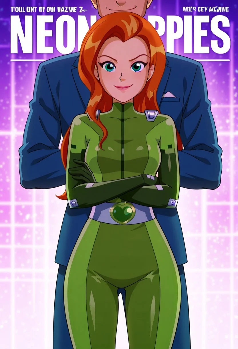 masterpiece, best quality, good quality, cartoon, totally_spies_2k24, sam, orange hair, green eyes, green bodysuit, sexy, medium breasts, beautiful, detailed, high detailed, very beautiful, detailed face, detailed eyes, detailed hand, abstract background, neon, smile, posing, standing, crossed arms, looking at viewer, face focus magazine cover OCBF as title, tall male red haired male, standing behind female, male holding female, Male suit and tie,