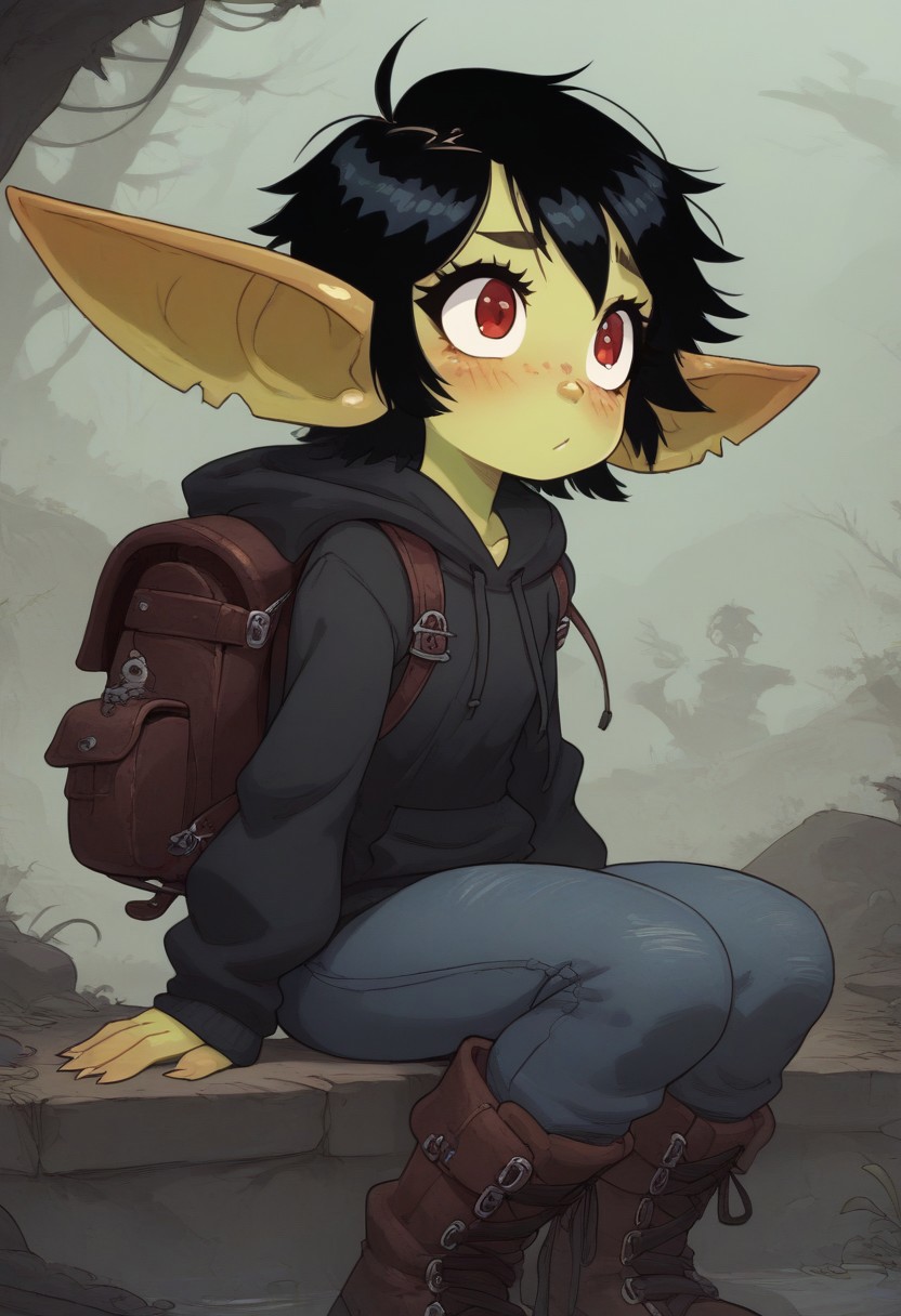 score_9, score_8_up, score_7_up, best quality, masterpiece, (absurdly high resolution:1.4), sitting, from side, from below, (close up, chest focus:1.2), (short, diminutive, smol), (humanoid, goblin, dark skin, green skin, shiny skin, freckles, red eyes, (long ears, horizontal ears), long horizontal goblin ears, claws, male, femboy, feminine), (hoodie, long sleeves, poncho, thick leather belts, pouches, backpack, long jeans, oversized boots, largeb oots, heavy boots), cute, adorable, slim, thin, petite, tomboy, (hair, fluffy hair, short hair, thick hair, black hair), (neutral expression, shy, timid, blush lines, submissive), solo, dynamic pose, swamp, Expressiveh, young, expressiveh
