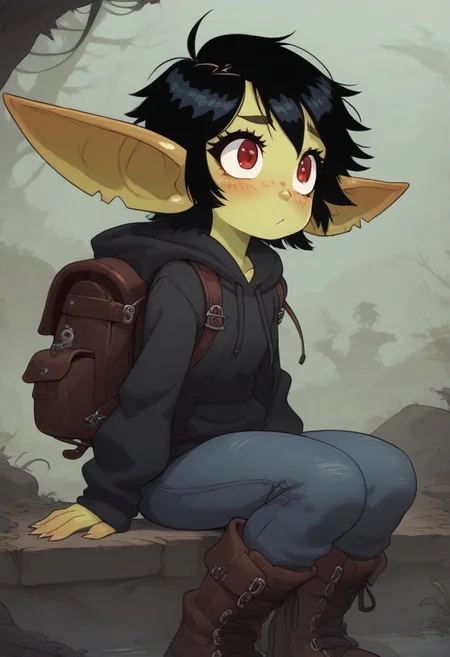 score_9, score_8_up, score_7_up, best quality, masterpiece, (absurdly high resolution:1.4), sitting, from side, from below, (close up, chest focus:1.2), (short, diminutive, smol), (humanoid, goblin, dark skin, green skin, shiny skin, freckles, red eyes, (long ears, horizontal ears), long horizontal goblin ears, claws, male, femboy, feminine), (hoodie, long sleeves, poncho, thick leather belts, pouches, backpack, long jeans, oversized boots, largeb oots, heavy boots), cute, adorable, slim, thin, petite, tomboy, (hair, fluffy hair, short hair, thick hair, black hair), (neutral expression, shy, timid, blush lines, submissive), solo, dynamic pose, swamp, Expressiveh, young, expressiveh