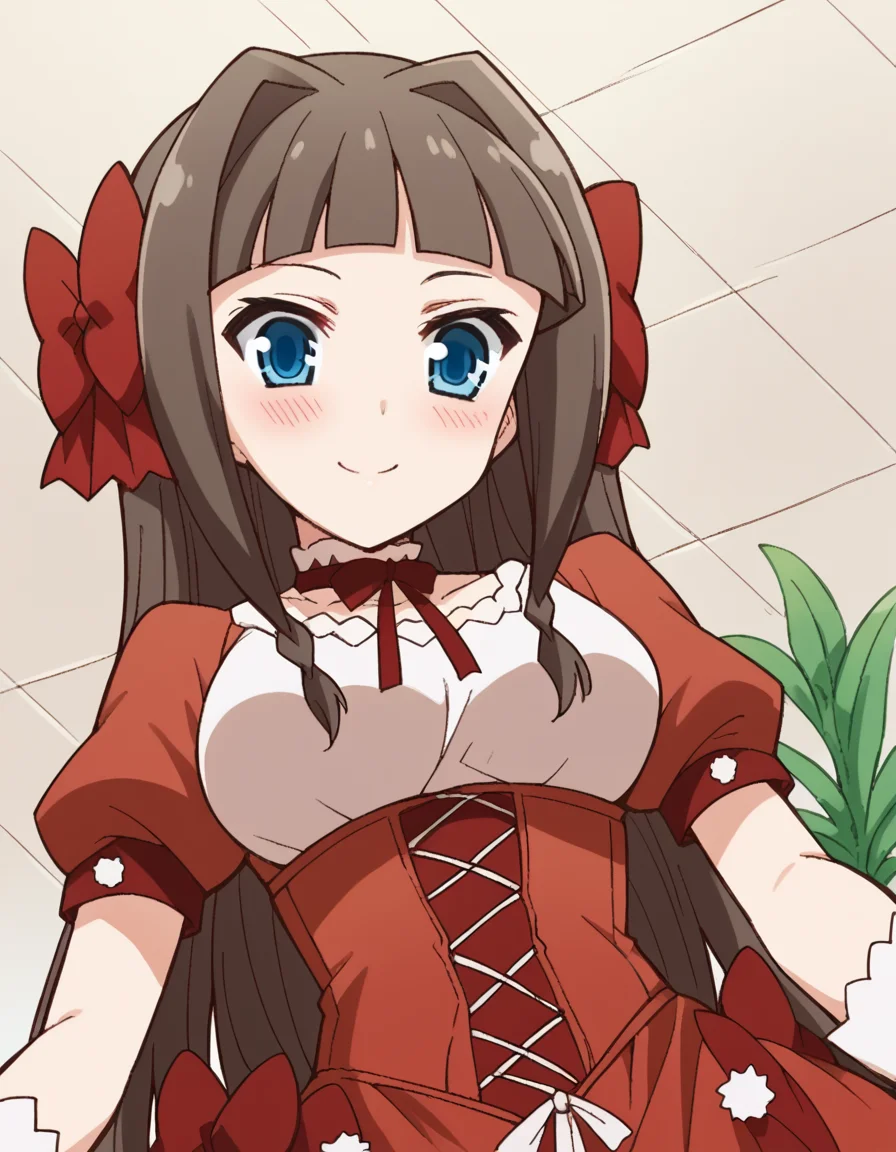 score_9, score_8_up, score_7_up, source_anime, <lora:asuka-kudou-s1-ponyxl-lora-nochekaiser:1>, asuka kudou, long hair, bangs, blue eyes, brown hair, bow, hair bow, blunt bangs, hair intakes, red bow, medium breasts,, gloves, dress, ribbon, short sleeves, choker, puffy sleeves, white gloves, puffy short sleeves, red dress, corset,, pond, still water, plants, ducks, peaceful, smile, <lora:lap-pov-ponyxl-lora-nochekaiser:1>, lap pov, lap pillow, from below, ceiling, looking down, pov, blush, smile,, looking at viewer, solo,, dutch angle, cowboy shot