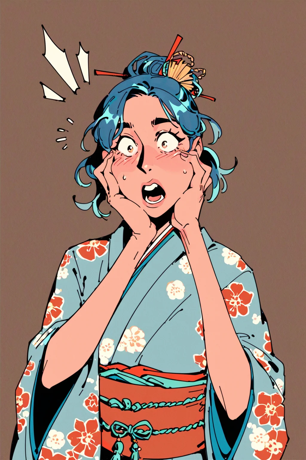 score_9, score_8_up, score_7_up, 1girl, kimono, solo, solo focus, portrait, brown background, Hands on the cheeks, looking surprised, <lora:choo:1>