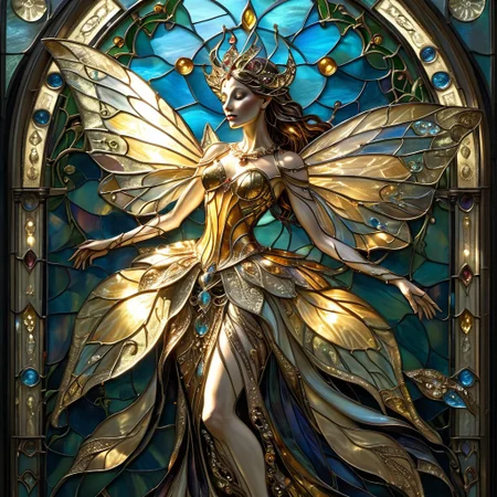 intricately detailed, rich shadows, bright highlights, cinematic, light shining through, close up view, stained glass impish fairy creature, glittering gold skin, 3d object, flowing skirt, dangling gems