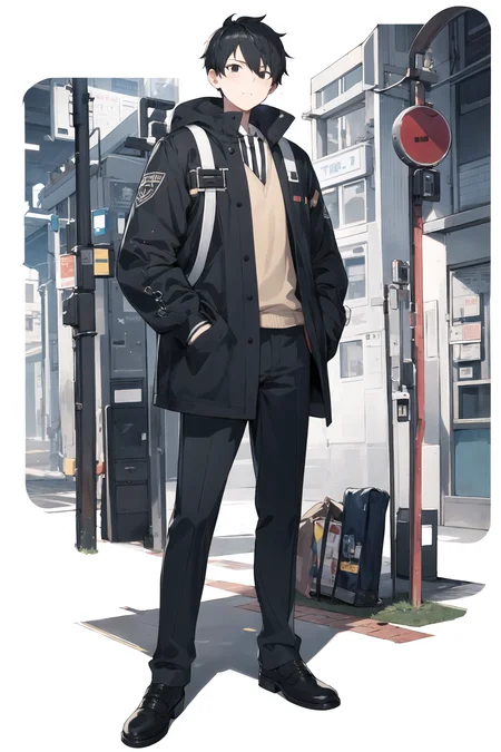 masterpiece, best quality, 1man, uniform, hand in pocket, school bag, black hair, black eyes,  cyberpunk, street, <lora:tachi-e:1>, tachi-e, white background, full body