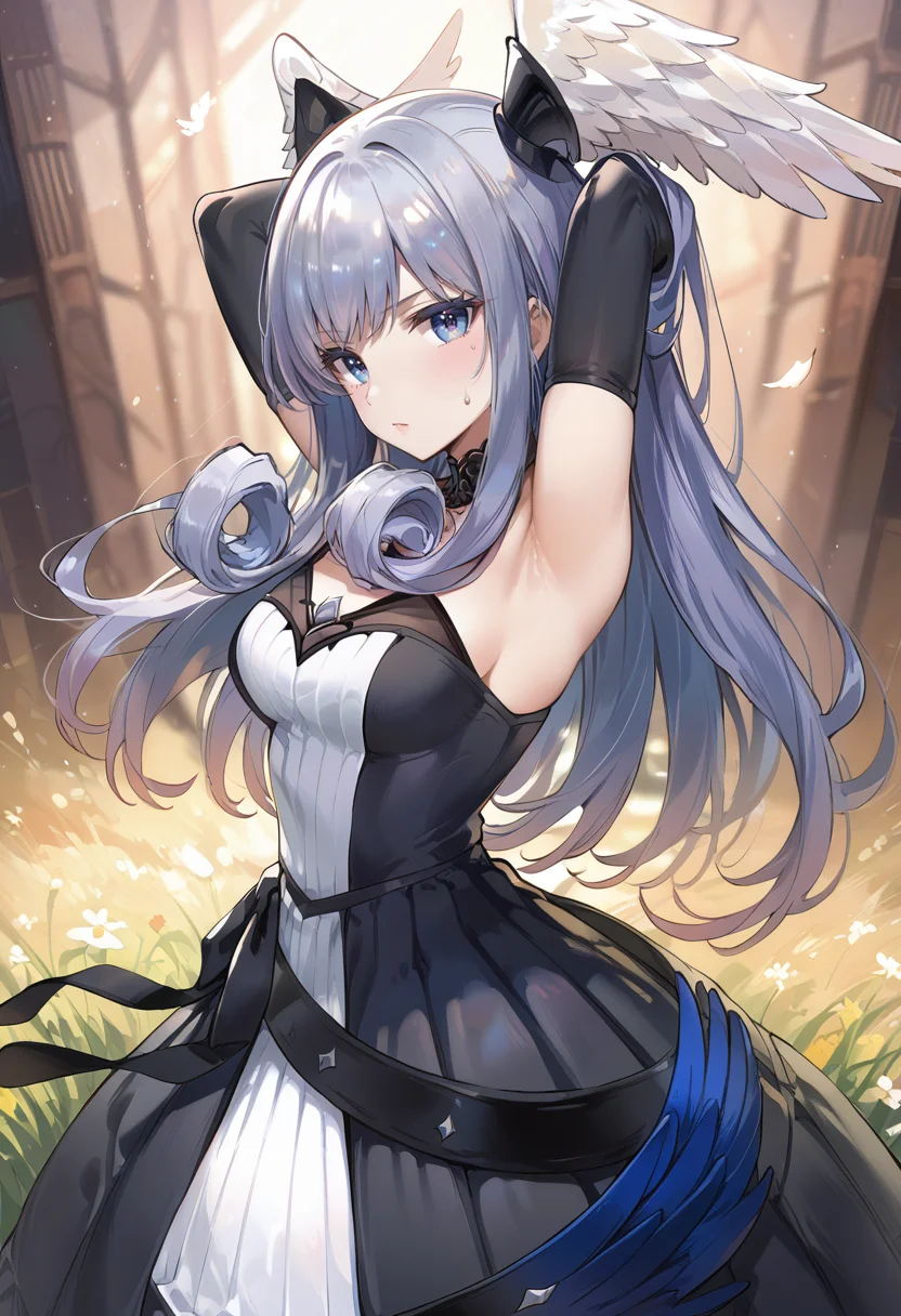 (score_9:0.9),score_8_up,score_7_up,rating_safe,anime style,(zPDXL),<lora:XB3 Melia Antiqua ponyXL v1:0.86>,melia antiqua xb3,1girl,solo,black dress,looking at viewer,medium breasts,black elbow gloves,bare shoulders,armpit,black choker,arms up,from side,sweatdrop,armpit crease,