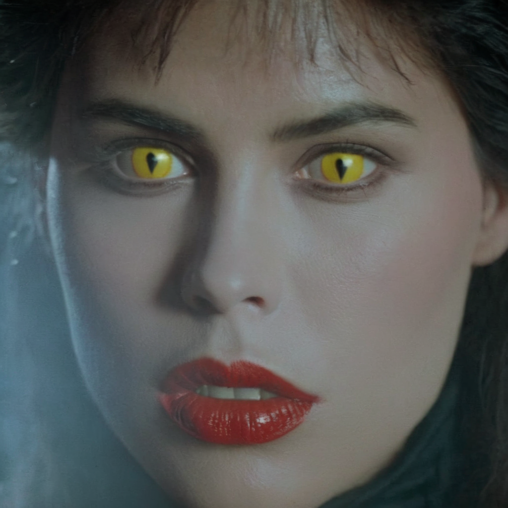 Horror-themed,  <lora:Fright Night 1985 Film Style:1>
Cinematic Closeup Shot Film Footage captured by Panavision Cameras and Lenses, vampire human, Regine a vampire woman with a vampire fangs teeth, staring in front of camera with yellow eye lenses and open vampire mouth and red lipstick, Fright Night 1985 Film Style, Eerie, unsettling, dark, spooky, suspenseful, grim, highly detailed
