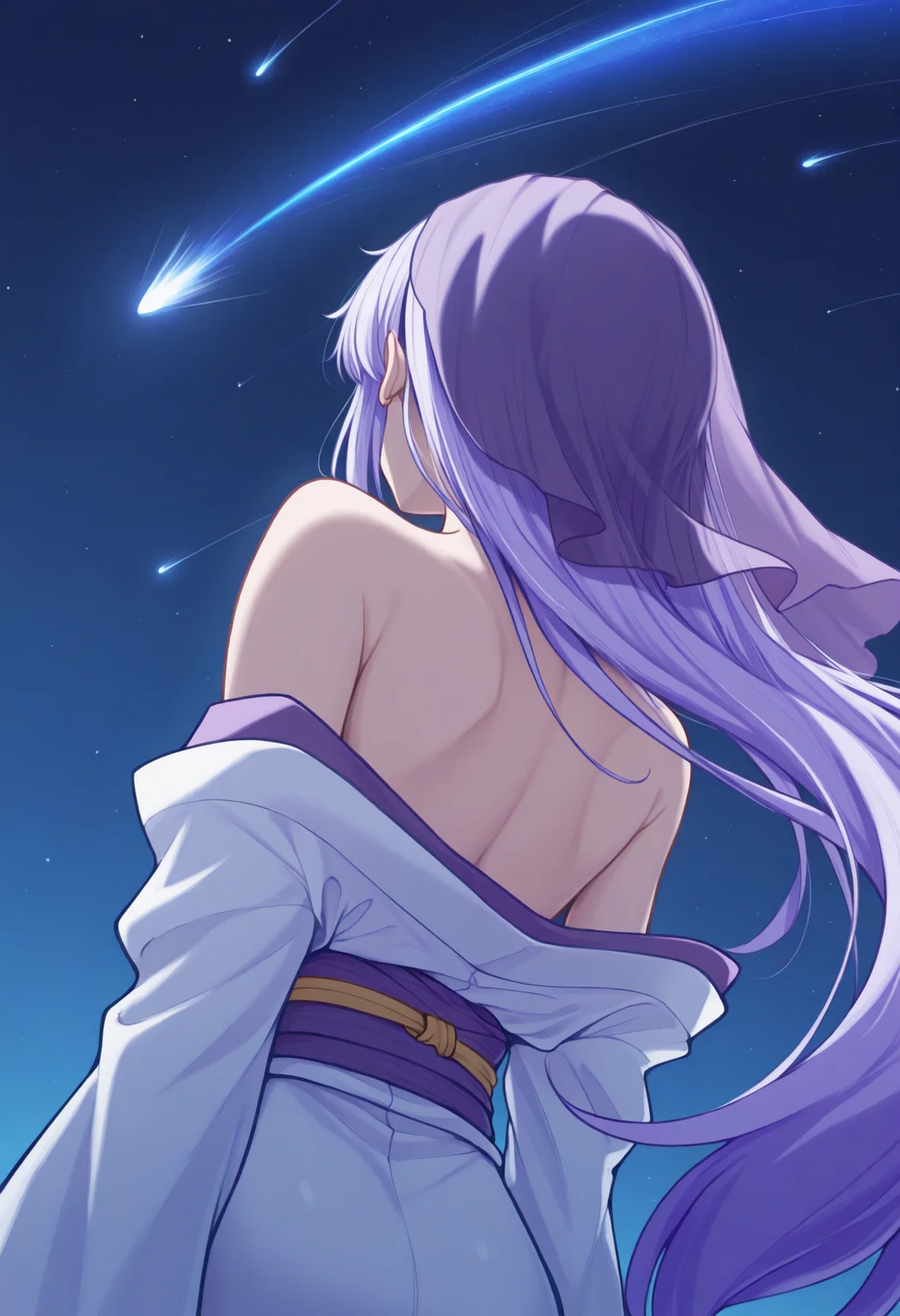 masterpiece, best quality, 1girl, solo, BlkSwnHSR, purple hair, long hair, purple veil, from behind, facing away, white kimono, off shoulder, back, from below, dynamic angle, dutch angle, comet, light trail, blue theme, dark theme, night, high contrast, shining comet, glowing comet, <lora:ChamBlackSwanIllustriousXL:1>