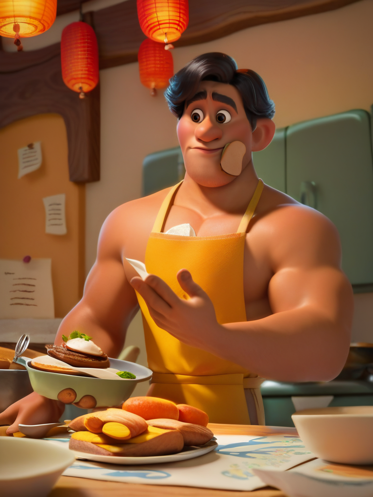 score_9, score_8_up, score_7_up, score_6_up, old muscular male cooking, food, restaurant, paper lantern, looking at food, black hair, cute, cartoon, valley, wooden builds, cowboy shot, dynamic angle, from below,
 <lora:DisneyStudios_style:1> DisneyStyleXLP