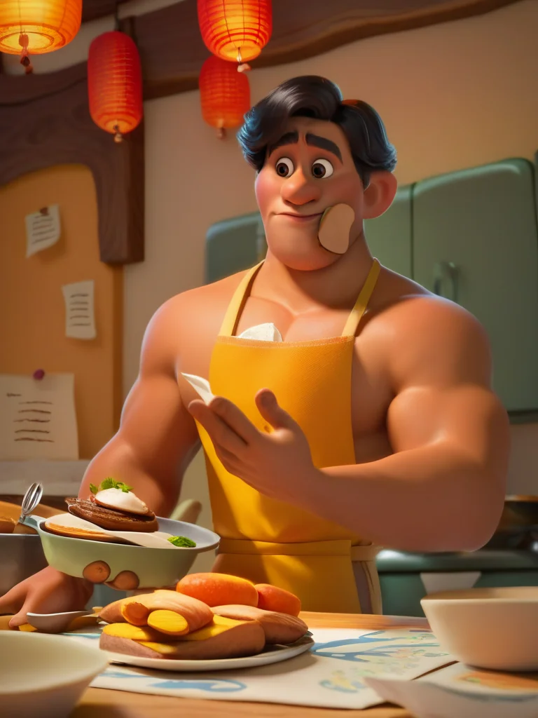 score_9, score_8_up, score_7_up, score_6_up, old muscular male cooking, food, restaurant, paper lantern, looking at food, black hair, cute, cartoon, valley, wooden builds, cowboy shot, dynamic angle, from below,
<lora:DisneyStudios_style:1> DisneyStyleXLP