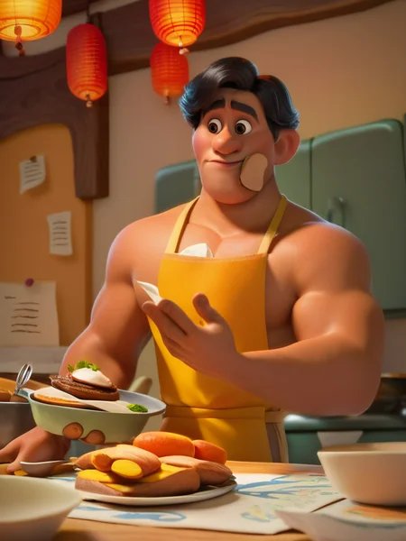 score_9, score_8_up, score_7_up, score_6_up, old muscular male cooking, food, restaurant, paper lantern, looking at food, black hair, cute, cartoon, valley, wooden builds, cowboy shot, dynamic angle, from below,
<lora:DisneyStudios_style:1> DisneyStyleXLP
