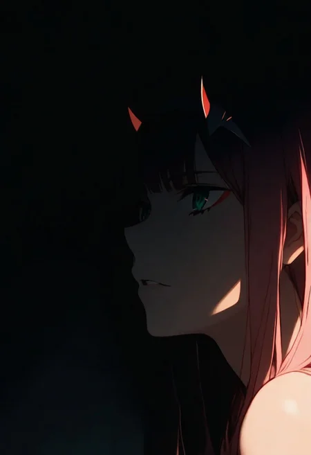 1girl, Zero Two (Darling In The FranXX), solo, dark, light, masterpiece, best quality, very aesthetic, close up, parted lips