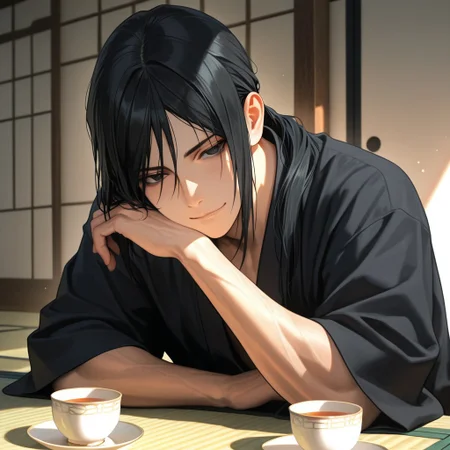 masterpiece, best quality, amazing quality, absurdres, newest, detailed background, definition so sharp, Ultra-HD, 8K cinematic, very awa, impressionate, amazing quality, highres, 
solo, male focus, manly, 
kurohyatogami, kuroh_black hair, kuroh_black eyes, 1boy, low tied hair, long hair, 
thoughtful expression, slight smile, tea cup, traditional tatami room, sunlight through shoji, calm, wise, caring, cool, inviting atmosphere, warm, against table