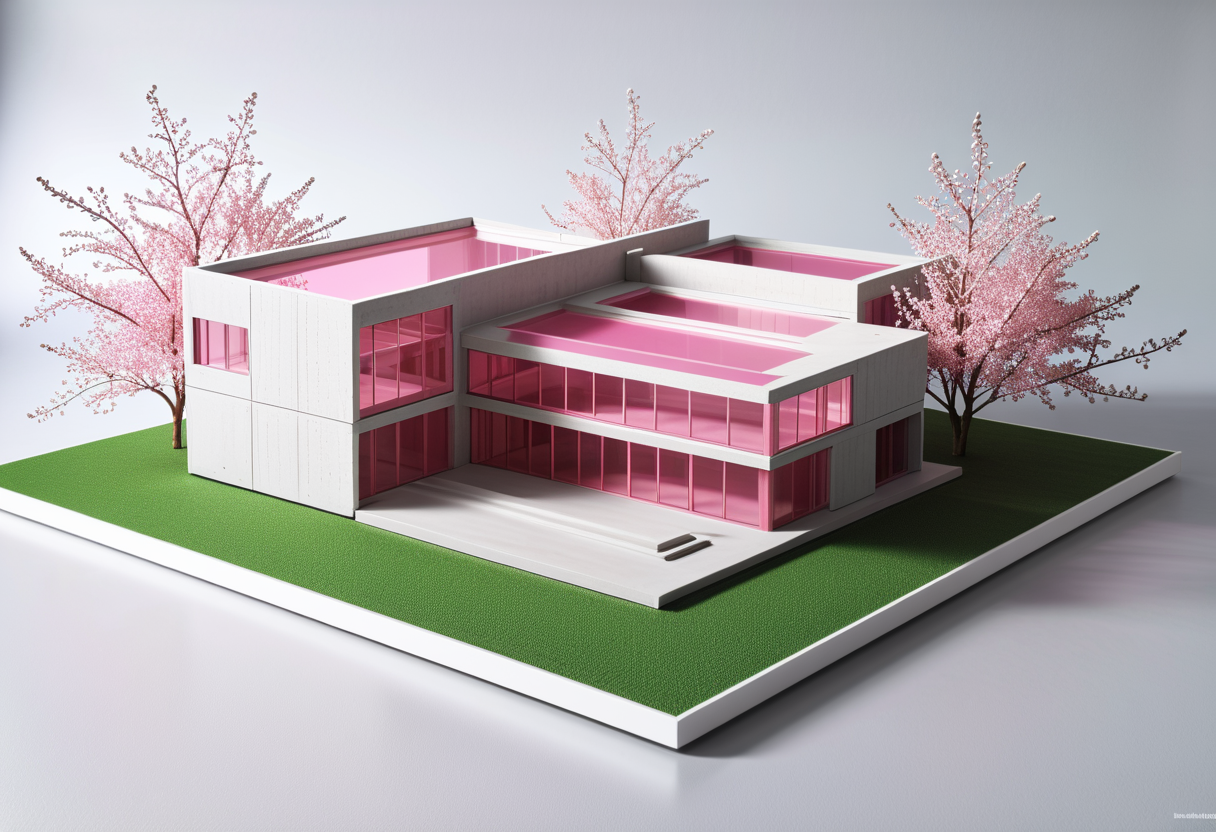 best quality, professional grade, studio shot of an architecture physical model, ( pink  details),  glass model,( modular  style)  super detailed, masterpiece, Perfectly framed, cinematic lighting, focused, Architecture office in background, hyperrealistic, ultrarealistic, <lora:rawconcreteXL:1> Architecture physical model