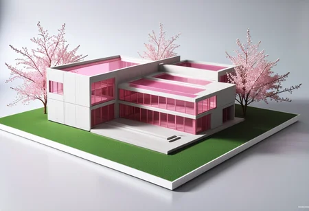 best quality, professional grade, studio shot of an architecture physical model, ( pink  details),  glass model,( modular  style)  super detailed, masterpiece, Perfectly framed, cinematic lighting, focused, Architecture office in background, hyperrealistic, ultrarealistic, <lora:rawconcreteXL:1> Architecture physical model