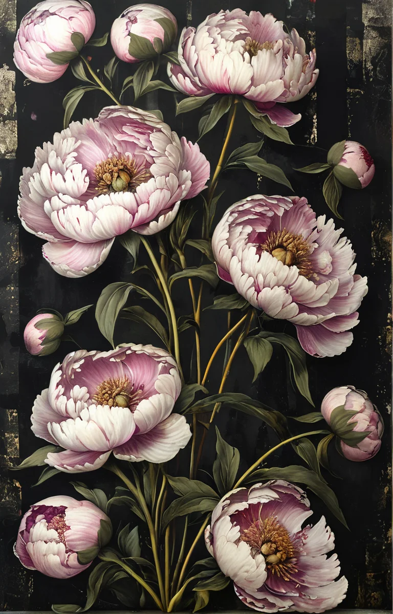 masterpiece,best quality,<lora:tbh150-sdxl:0.9>,style of Piero Fornasetti, decaying peonies