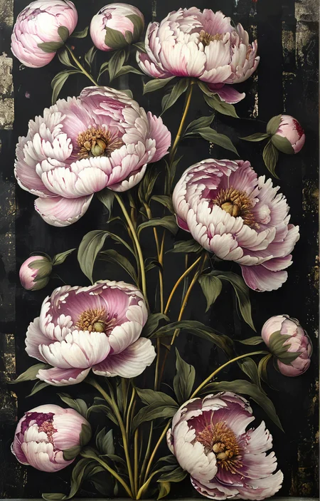 masterpiece,best quality,<lora:tbh150-sdxl:0.9>,style of Piero Fornasetti, decaying peonies