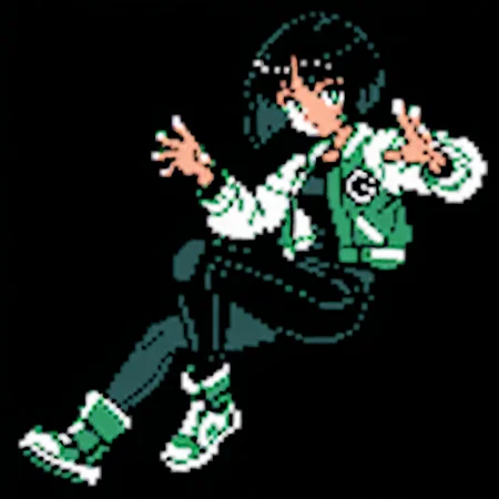 score_9,score_8_up,score_7_up,pixel art,sprite,(solo:1.3),<lora:pkm_gen02_data01_v01:0.8>,gn2pk,best quality,black background,full body,centered,1girl,bob cut,short black hair,green eyes,open jacket,black shirt,black pants,sci-fi,green boots,