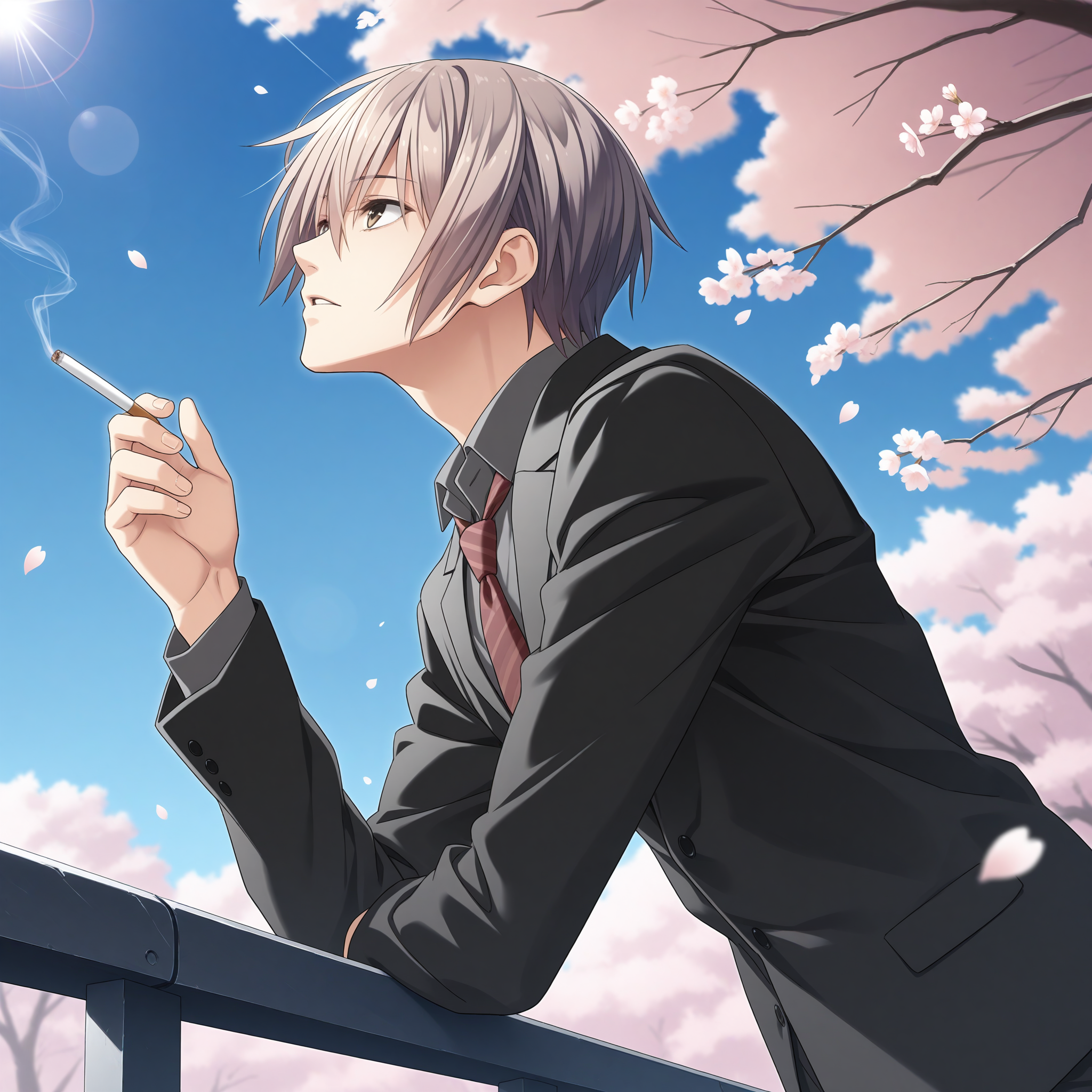 <lora:Kusanagi_Naoya_1_nai-000032:1>,Kusanagi Naoya,adult,
formal,suit,red necktie,striped necktie,black jacket,long sleeves,collared shirt,grey shirt,
BREAK
1boy,solo,from side,looking up,blue sky,against railing,leaning to the side,bust,cherry blossoms,petals,falling petals,blue sky,depth of field,lens_flare,holding cigarette,