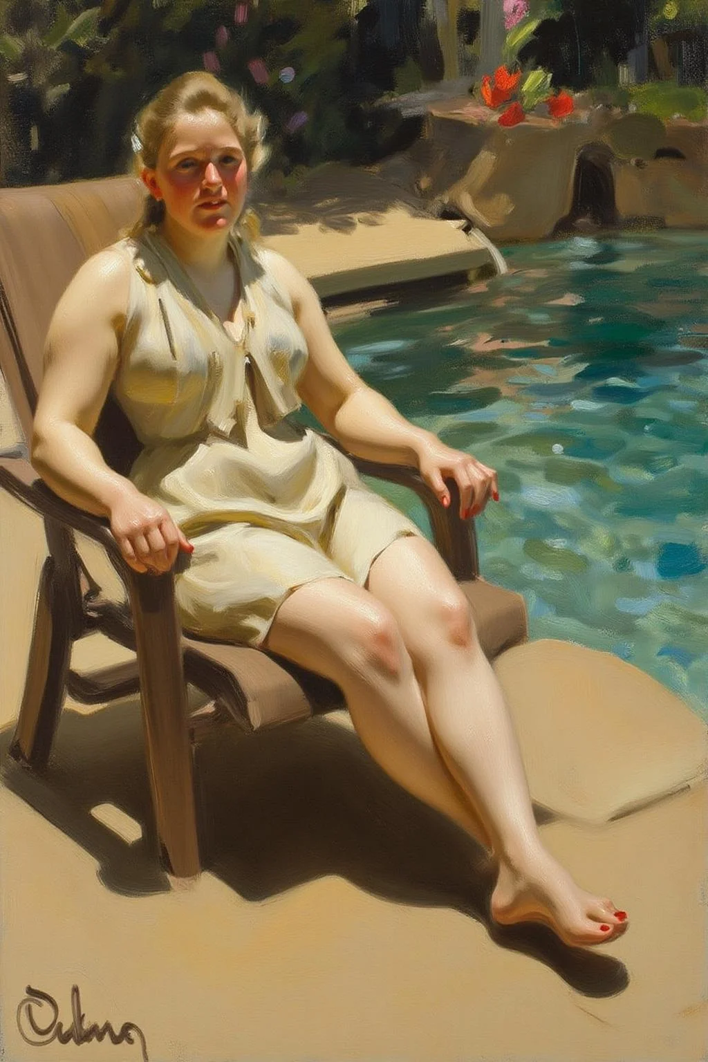 anderszorn1 painting.
A blonde woman relaxing on a lawn chair by the poolside <lora:anderszorn2_cap_d6a3:1.0><lora:836656262289637058:0>