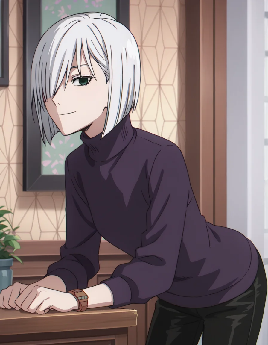 score_9, score_8_up, score_7_up, source_anime,
fionafrost, <lora:fiona-frost-s1-ponyxl-lora-nochekaiser:1>,
fiona frost, white hair, short hair, hair over one eye, grey eyes,
long sleeves, pants, sweater, turtleneck, black pants, watch, turtleneck sweater, wristwatch, purple sweater,
indoors, smile, bent over,
looking at viewer, solo, cowboy shot, dutch angle,