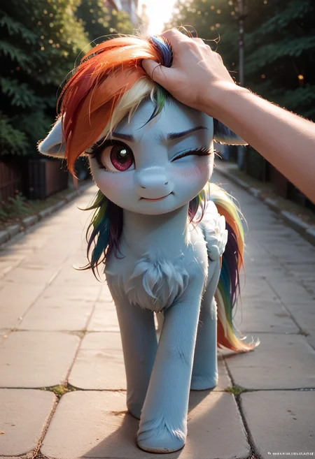 score_9, score_8_up, score_7_up, score_6_up, intricate details, high resolution, ultra realistic textures, soft lighting, best quality rendering, Highly detailed and realistic macro artwork, irl, realism, photo, detailed, realistic, my little pony, ((feral pony)), pony, mare, female pony, short, top view, view from above, ((blushing)), cute, cute face, very cute, fur, short body, fluffy, fluffy chest, wide hips, big hips, thick tights, (lanky), petite build, small, ((long legs)), (dynamic angle), rainbow dash, embarrassed, looking, to the right, (((one eye closed))), realistic, low light, detailed background, outdoor, (((close up))), rating_safe, ((headpat)), pov hands, lighting ahead, ((tilted head)), floppy ears,