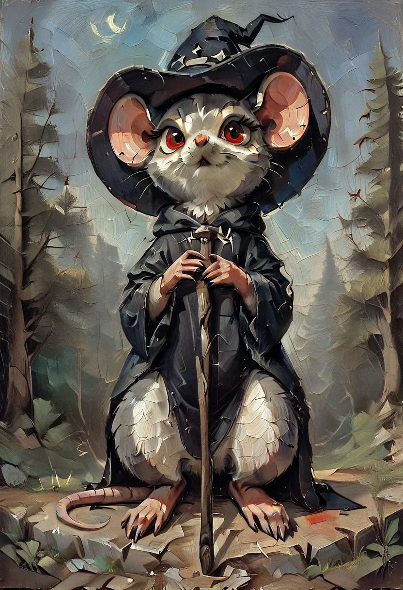 score_9, score_8_up, score_8, solo, (fluffy:0.8), (feral), furry, (((mouse))), female, claws, (fluffy cheeks:0.7), (black dress), grey fur, black ears, red eyes, look at viewer, (solo:2), j_cartoon, low angle view, aesthetic, dramatic angle, unique perspective, unique angle, night, dark, forest, (witch hat), staff, (cruel expression), mad-stncl, gothic art, oil painting, traditional media,