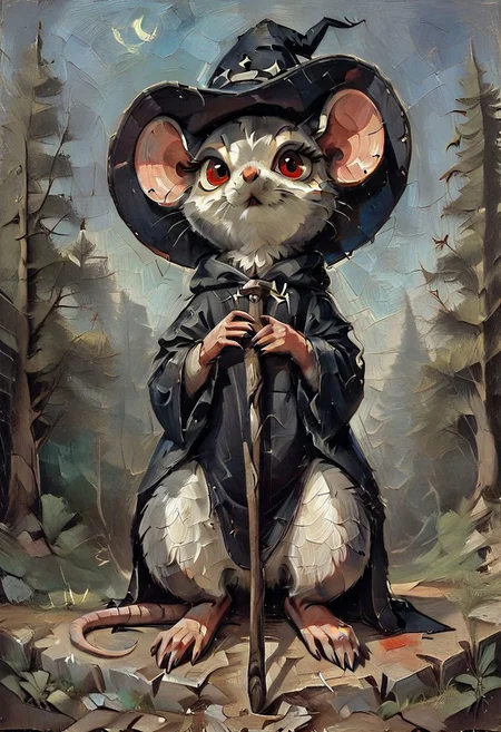 score_9, score_8_up, score_8, solo, (fluffy:0.8), (feral), furry, (((mouse))), female, claws, (fluffy cheeks:0.7), (black dress), grey fur, black ears, red eyes, look at viewer, (solo:2), j_cartoon, low angle view, aesthetic, dramatic angle, unique perspective, unique angle, night, dark, forest, (witch hat), staff, (cruel expression), mad-stncl, gothic art, oil painting, traditional media,
