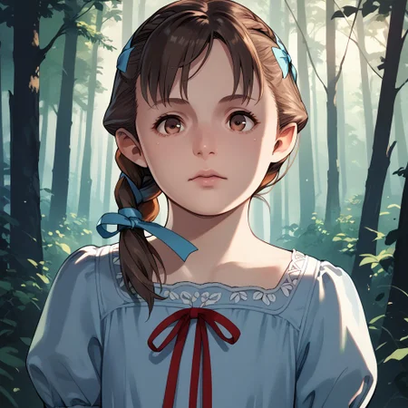 score_9, score_8_up, score_7_up, score_6_up, natalia-korda, resident evil, 1girl, dress, ribbon, brown eyes, brown hair, lips, braid, upper body, forest, face focus
