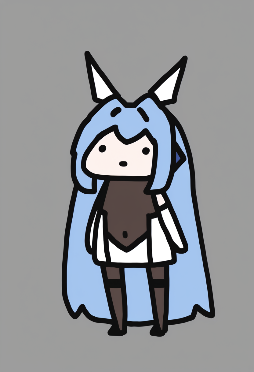 masterpiece, best quality, chibi, full body, solo, 1girl, nwjsydef, blue hair, hair between eyes, sidelocks, hair intakes, headgear, dot eyes, short dress, white dress, side cutout, bodystocking, covered collarbone, covered navel, white gloves, elbow gloves, black pantyhose, thighband pantyhose, bare shoulders, simple background