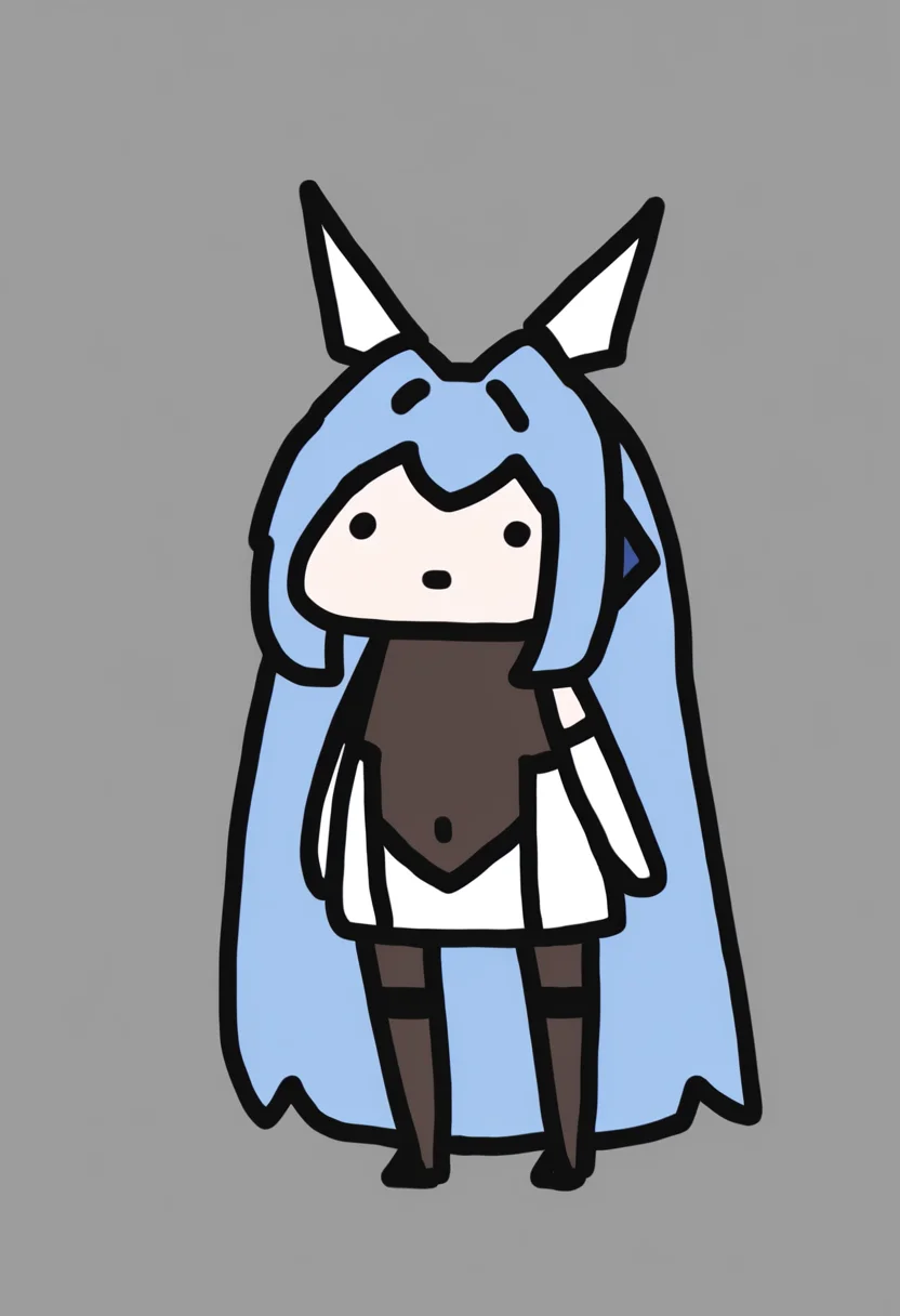masterpiece, best quality, chibi, full body, solo, 1girl, nwjsydef, blue hair, hair between eyes, sidelocks, hair intakes, headgear, dot eyes, short dress, white dress, side cutout, bodystocking, covered collarbone, covered navel, white gloves, elbow gloves, black pantyhose, thighband pantyhose, bare shoulders, simple background