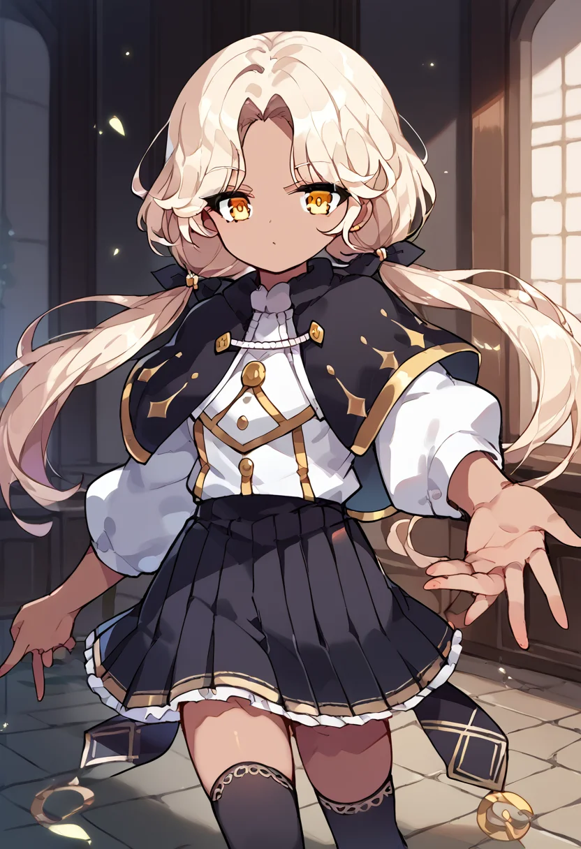 score_9,score_8_up,score_7_up,source_anime,zPDXL3,
*//*,<lora:ArchMageFP_Pony:0.9>,archmage_fp,1girl,solo,dark skin,dark-skinned female,blonde hair,twintails,low twintails,long hair,yellow eyes,black thighhighs,black skirt,pleated skirt,capelet,brown footwear,striped,
*//*,looking at viewer,cowboy shot,dutch angle,dynamic pose,