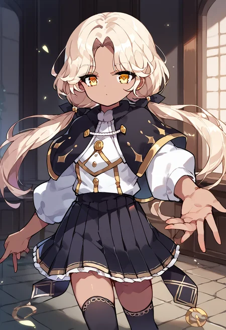 score_9,score_8_up,score_7_up,source_anime,zPDXL3,
*//*,<lora:ArchMageFP_Pony:0.9>,archmage_fp,1girl,solo,dark skin,dark-skinned female,blonde hair,twintails,low twintails,long hair,yellow eyes,black thighhighs,black skirt,pleated skirt,capelet,brown footwear,striped,
*//*,looking at viewer,cowboy shot,dutch angle,dynamic pose,